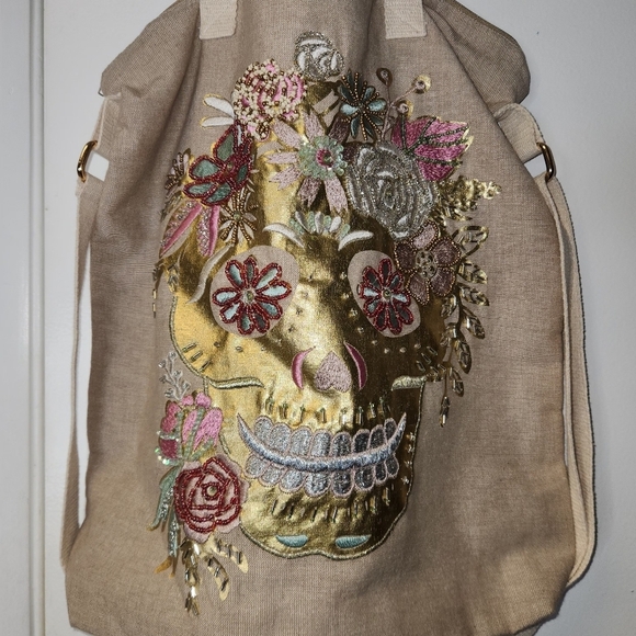 Sugar Skull Rose Flower Day of the Dead Handbag Shoulder In Tan - Picture 10 of 11